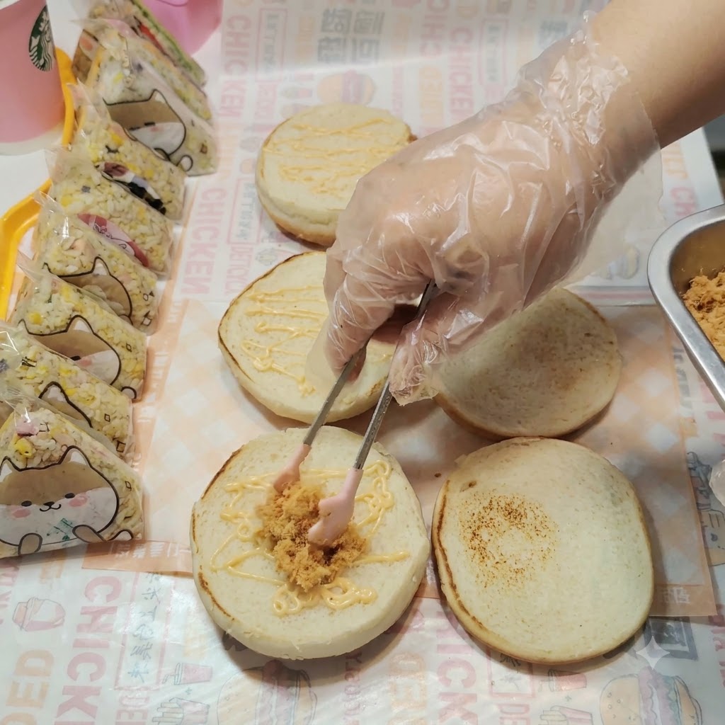トングを使って、ソースを塗ったバーガーバンズの上に慎重に乗せられる豚肉そぼろ。