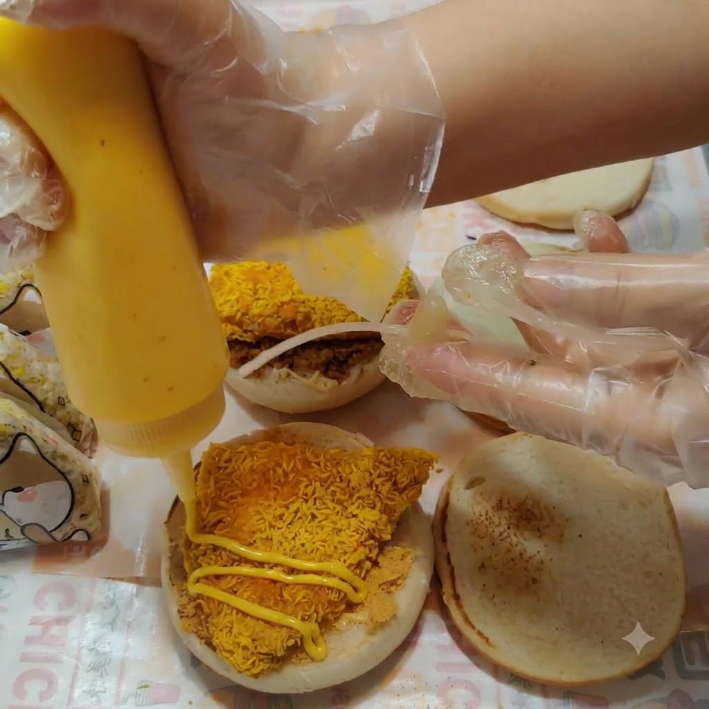 バーガー内に置かれたチキンカツの上にジグザグ状にかけられるハニーマスタードソース。