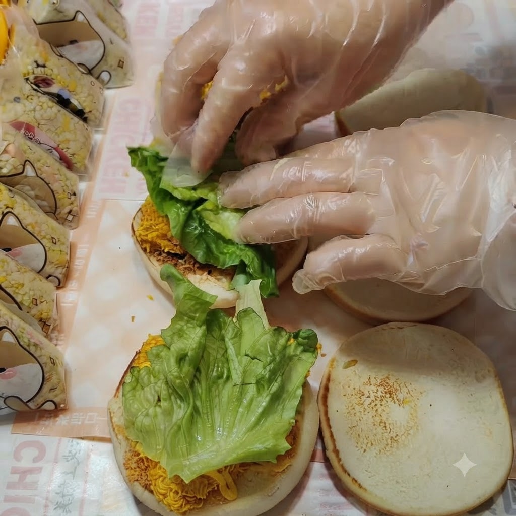 チキン層の上に綺麗に並べられた新鮮な緑のレタスの葉。