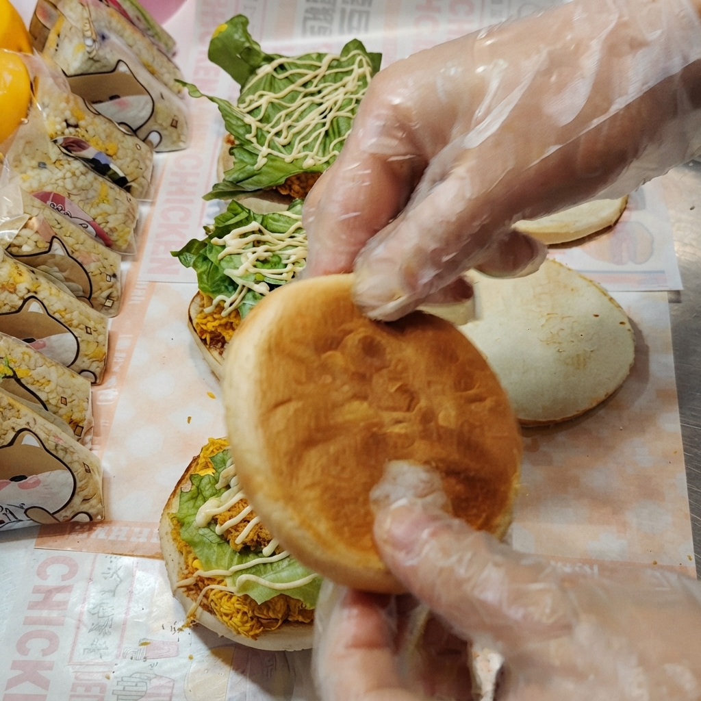 具材が詰まったバーガーの土台の上に、上のバンズ(蓋)が被せられている様子。