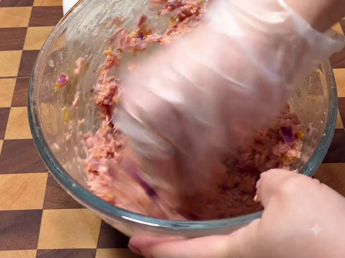 ガラスボウルの中で、手袋をはめた手でハンバーグの肉ダネを力強く混ぜ合わせている様子。