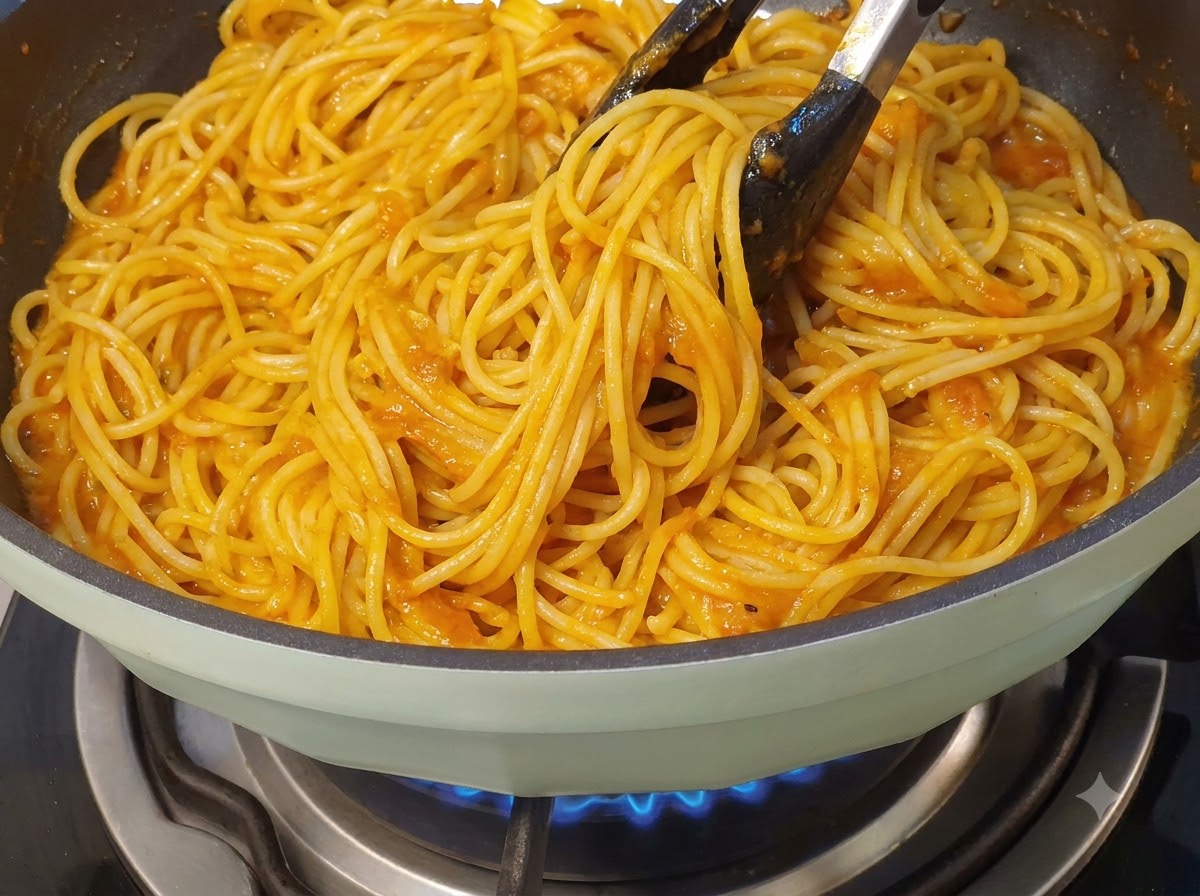 緑色の柄のスキレットの中で、トングを使いオレンジがかった赤いミートソースと黄色のスパゲティをしっかり混ぜ合わせている様子。