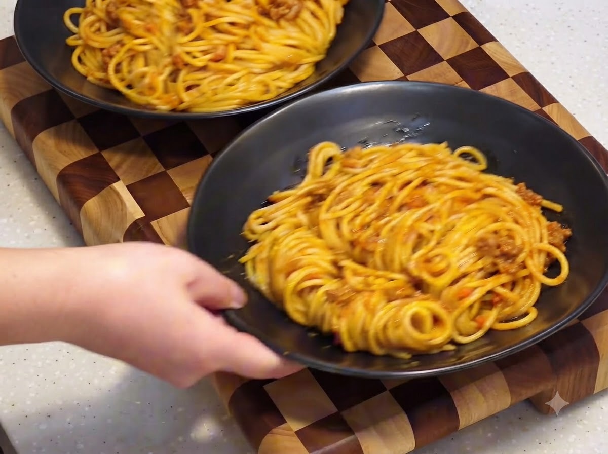 スパゲティが盛られた黒い食器を、木製のチェック柄まな板の上に置いている手元。