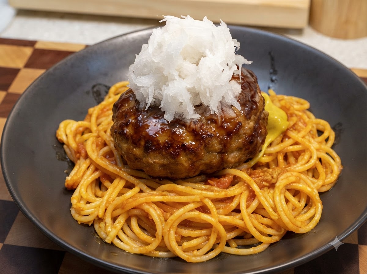 パスタの上のグレイズハンバーグの上に、白いてんこ盛りのおろし大根がのっているクローズアップ写真。