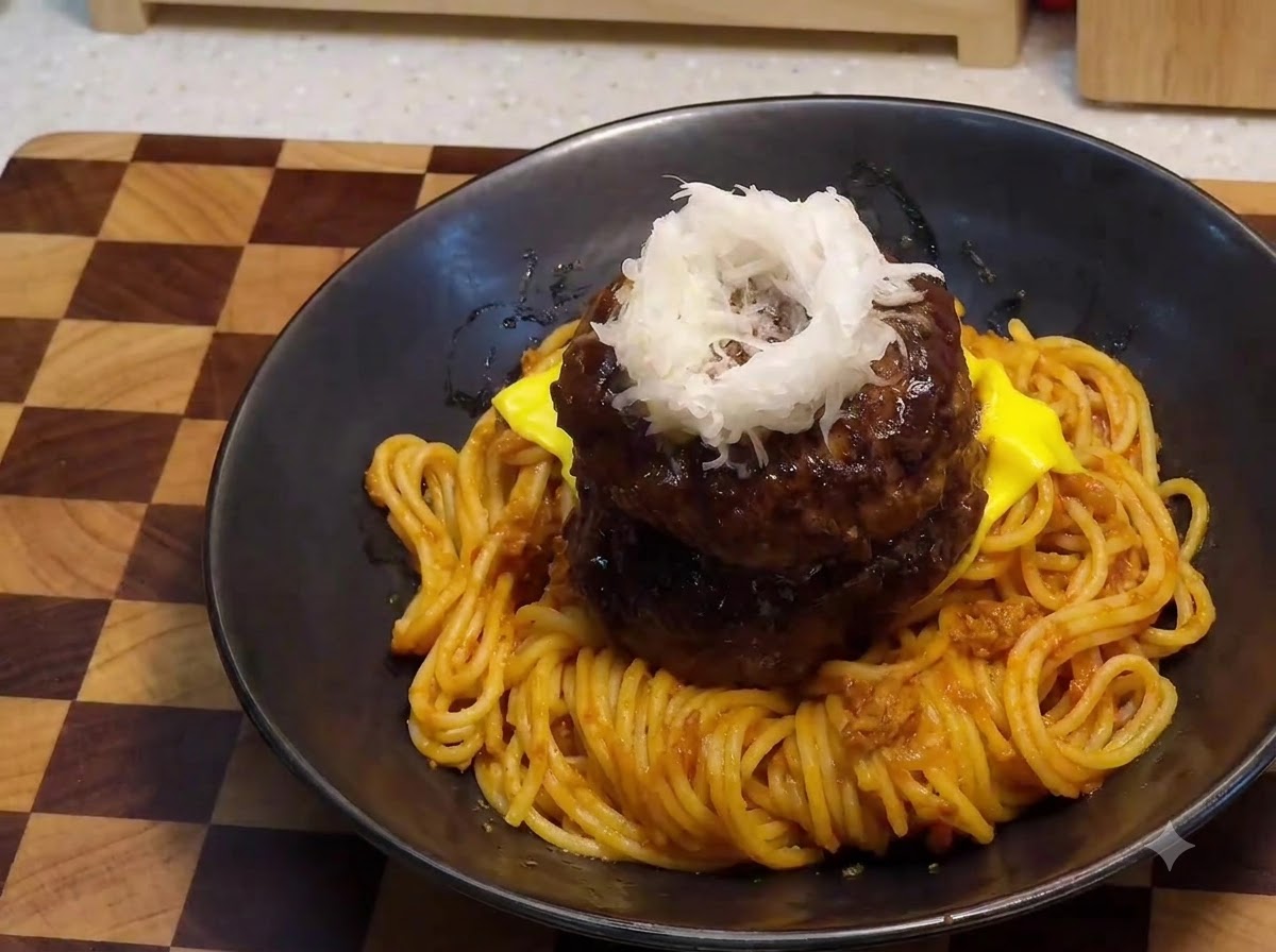 重ねたハンバーグの上にのった大根おろしの山の中央に、生うずらの卵黄がぽんと鎮座している様子。