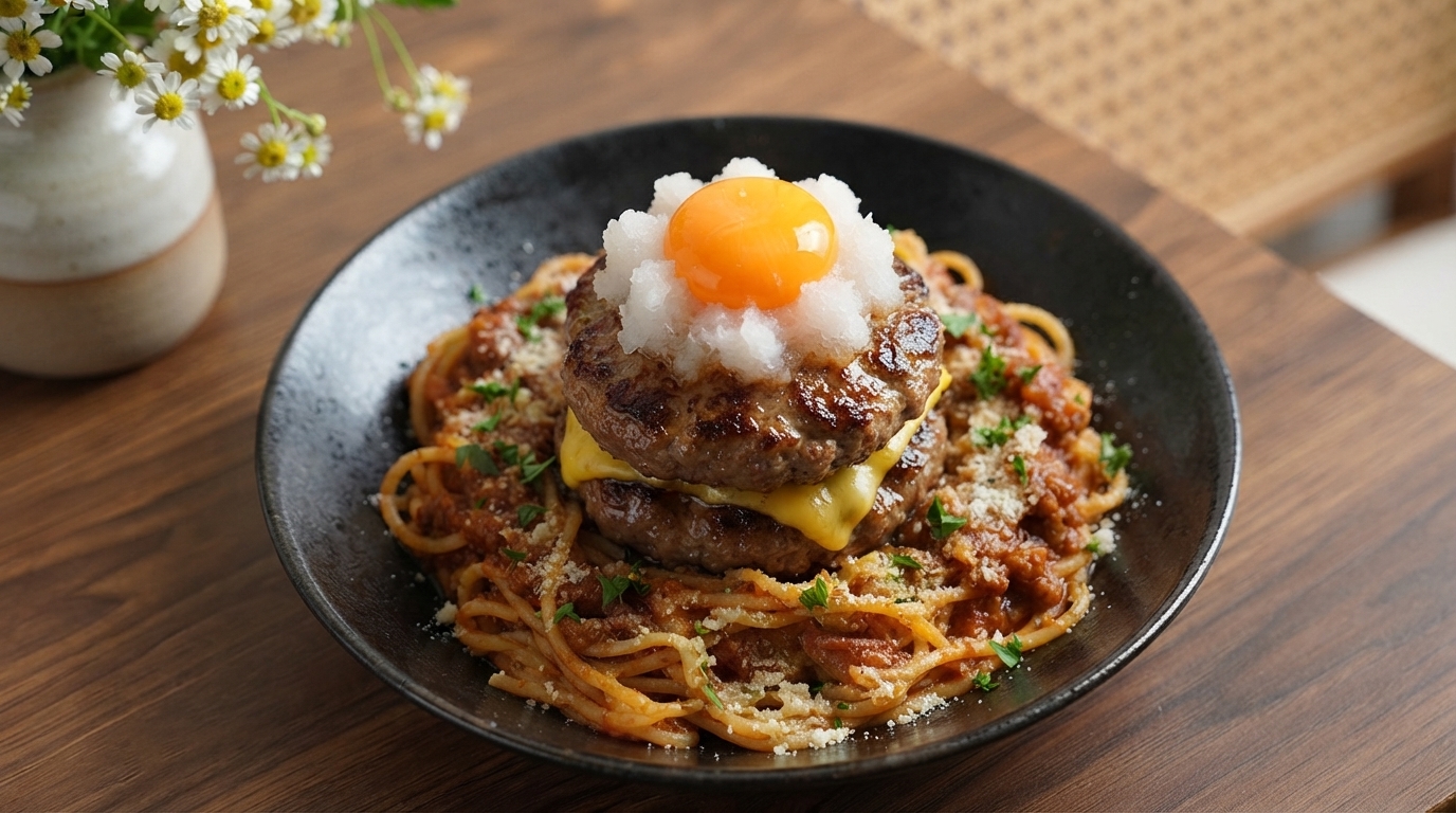 ダブルパティハンバーグパスタ＆シュリンプキヌアサラダ