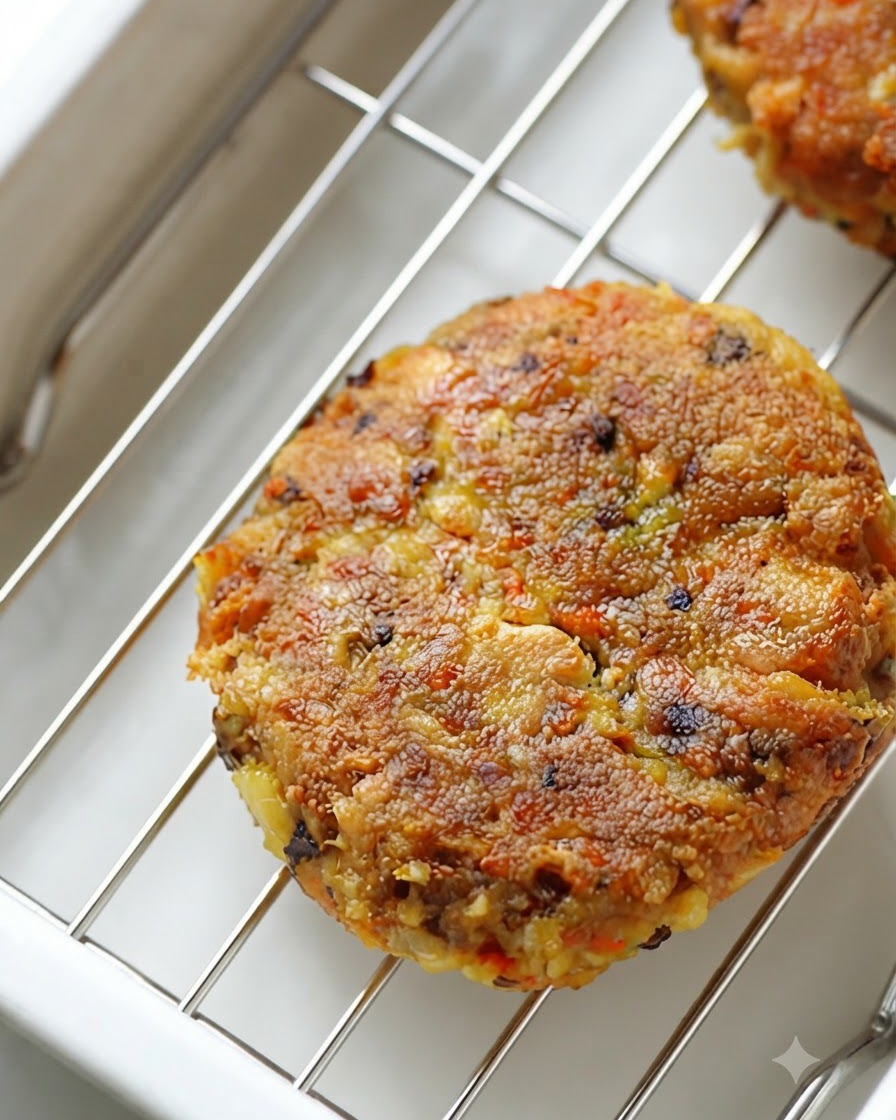 ワイヤーの冷却ラックの上に置かれた、揚げたてのこんがりきつね色のヴィーガンバーガーパティ。