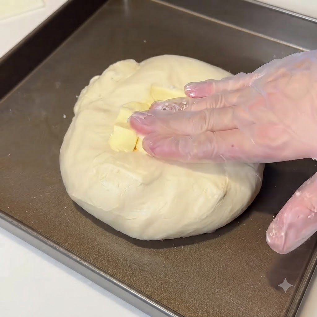 天板の上の生地の上に置かれた柔らかいバターの塊。