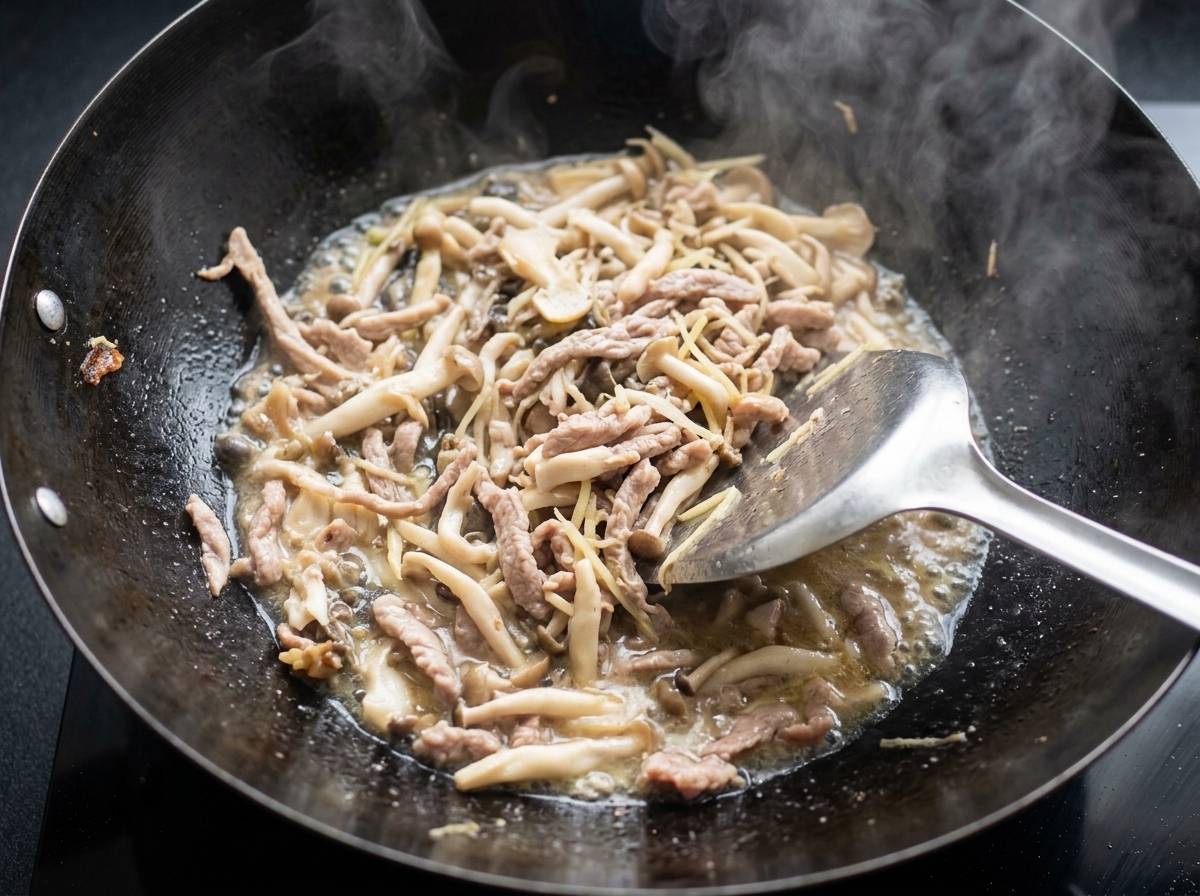 他の材料が入った中華鍋にエノキタケが加えられている様子。