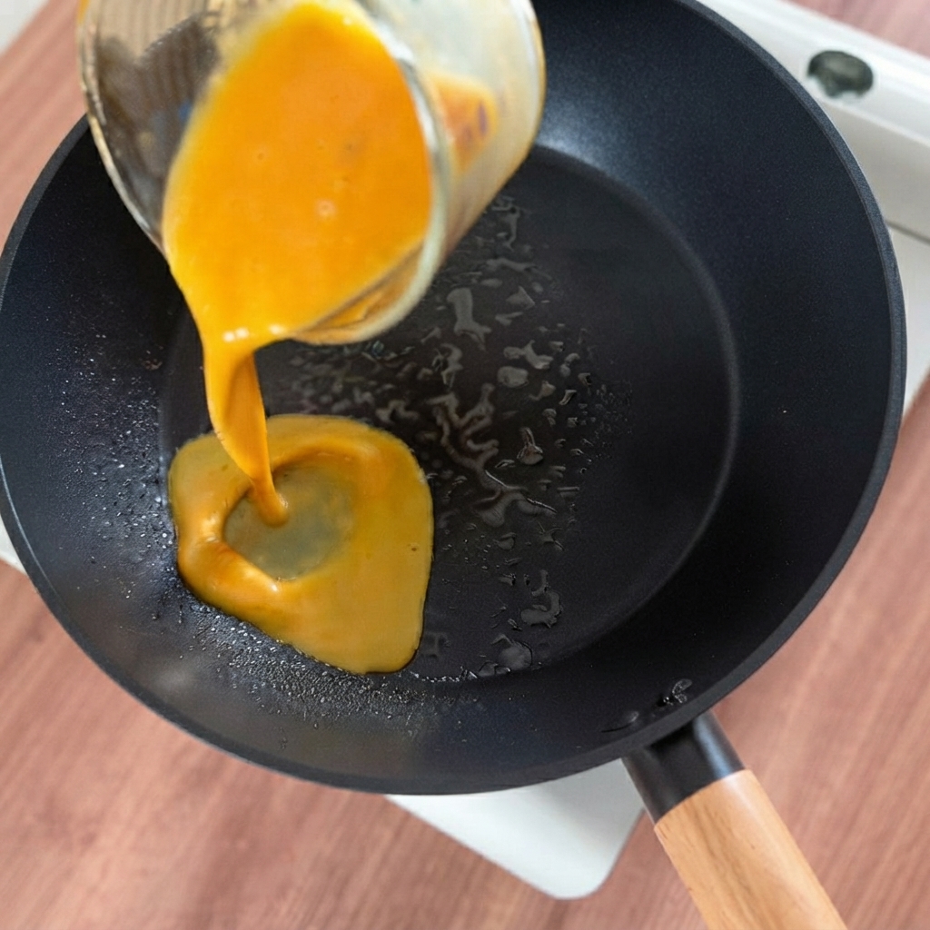 薄焼き卵を作るために、熱したフライパンに溶き卵を流し込んでいる様子。