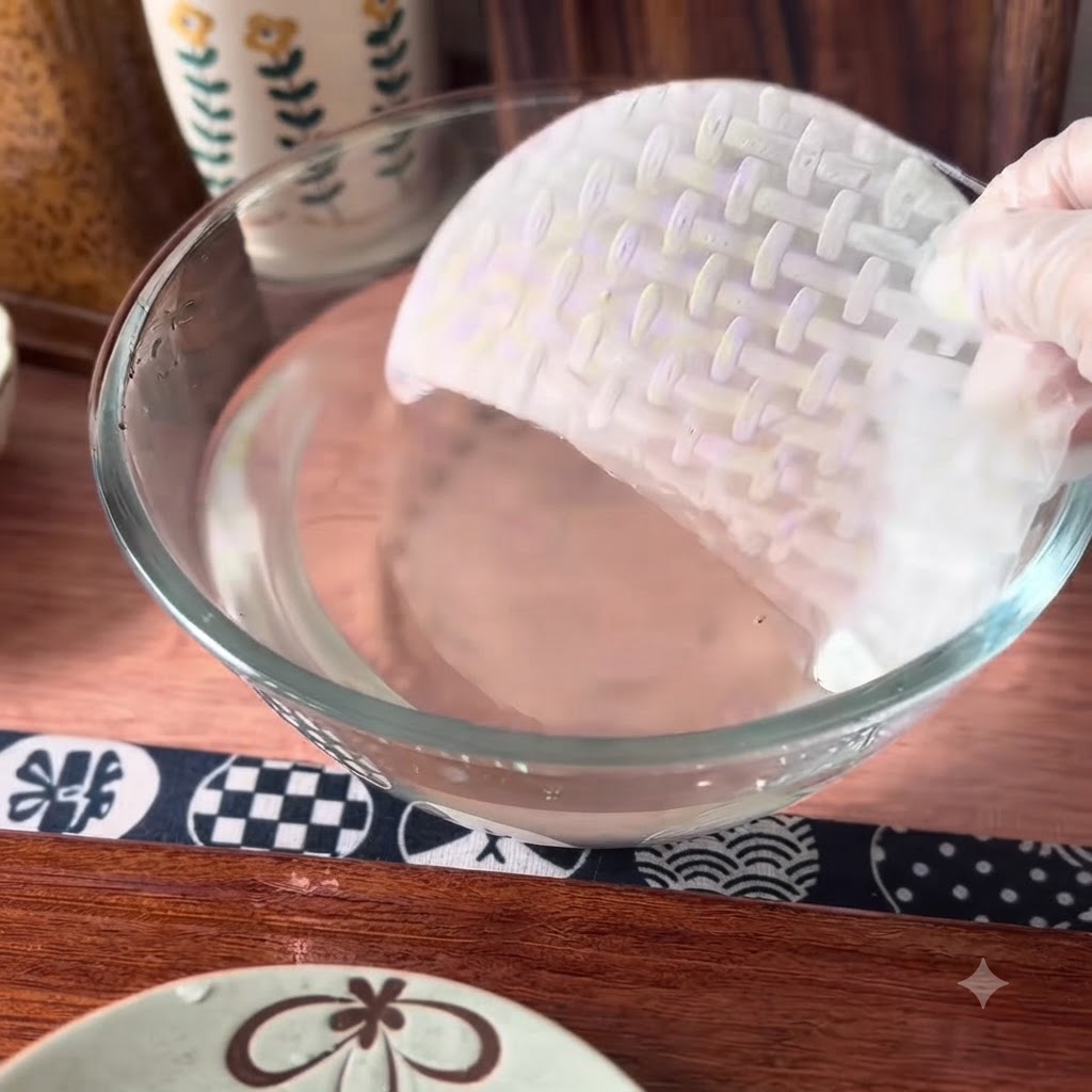 乾いたライスペーパーを温水の入ったボウルに浸している様子。