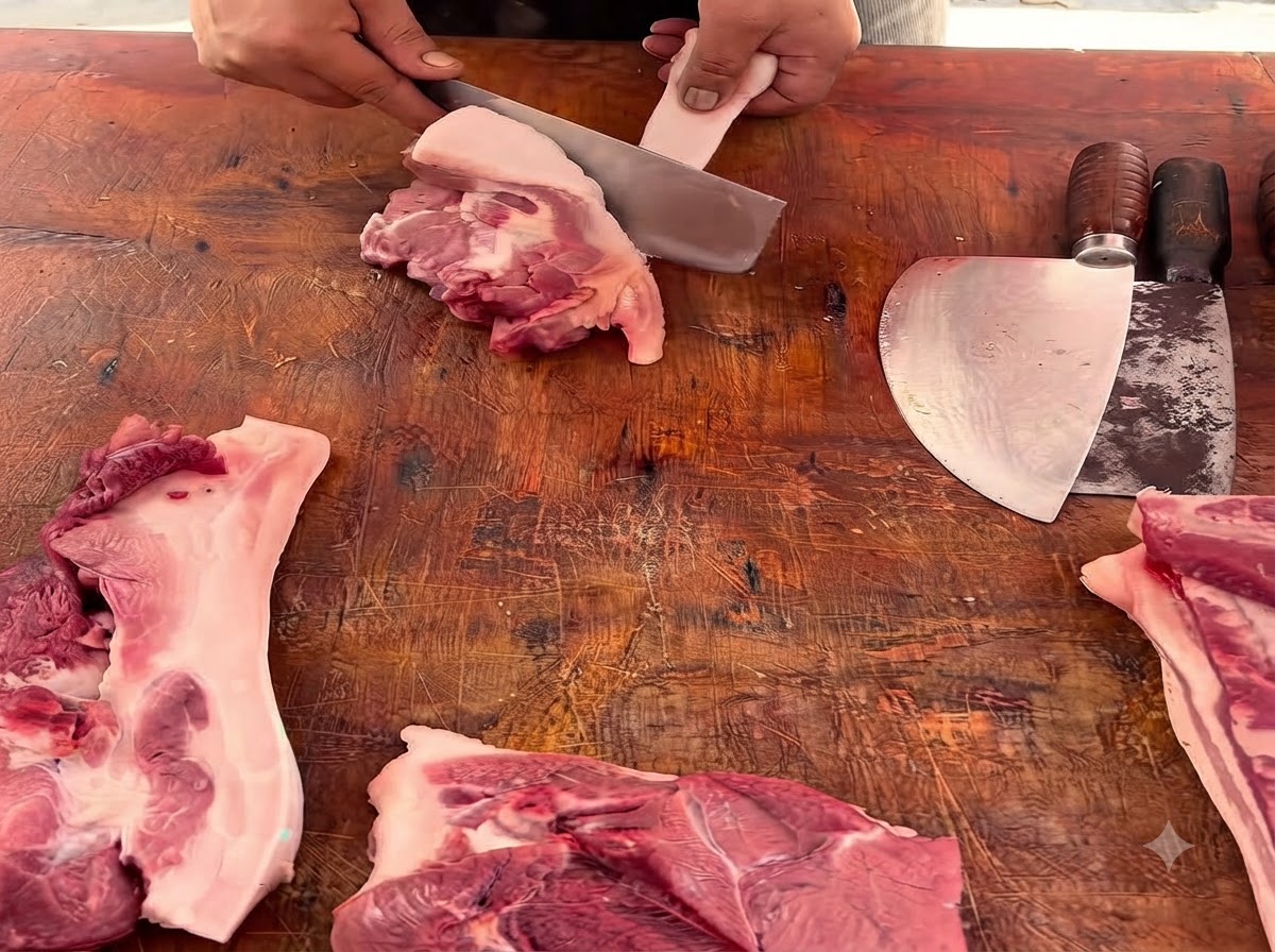 木製のまな板の上で、重い包丁を使って豚肉のかたまりを切っている人のクローズアップ画像。