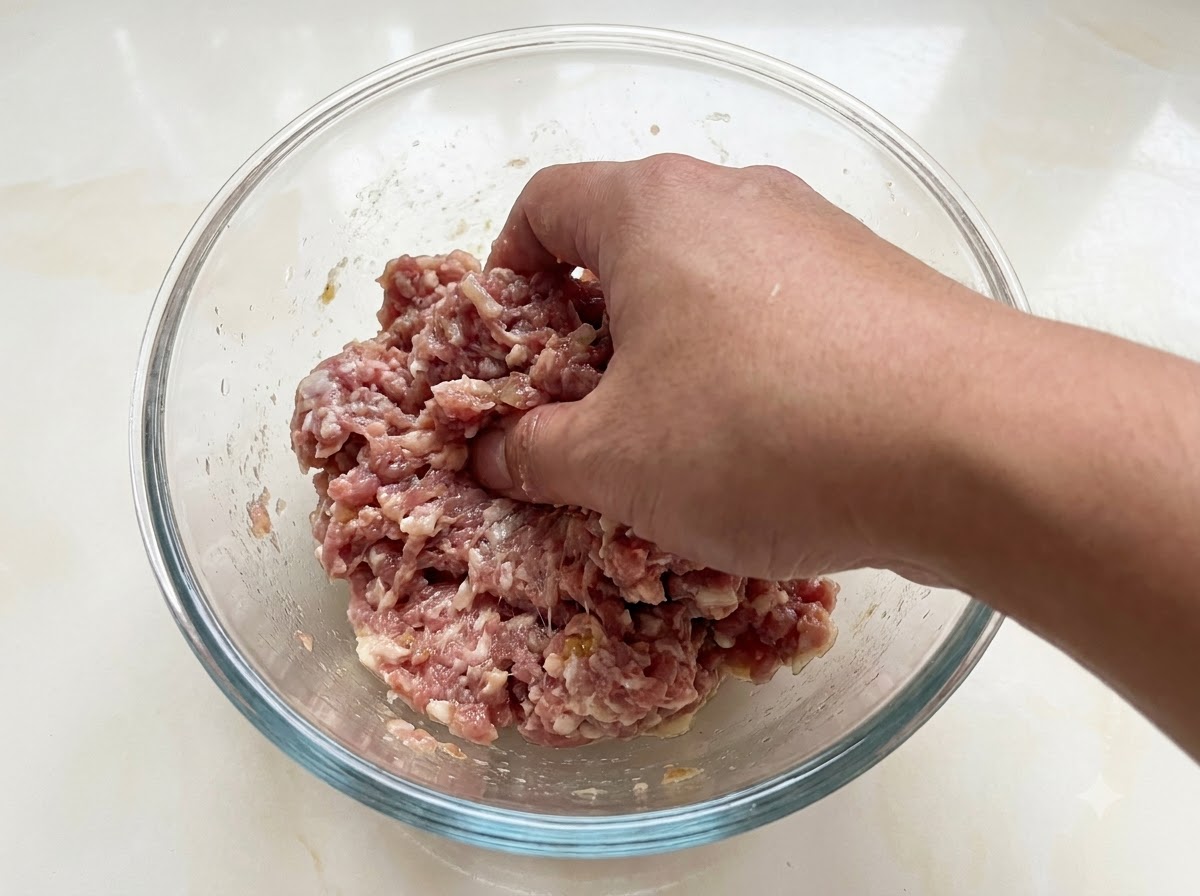 ガラス製のボウルの中で、味付けした豚ひき肉を手で混ぜてこねている様子。