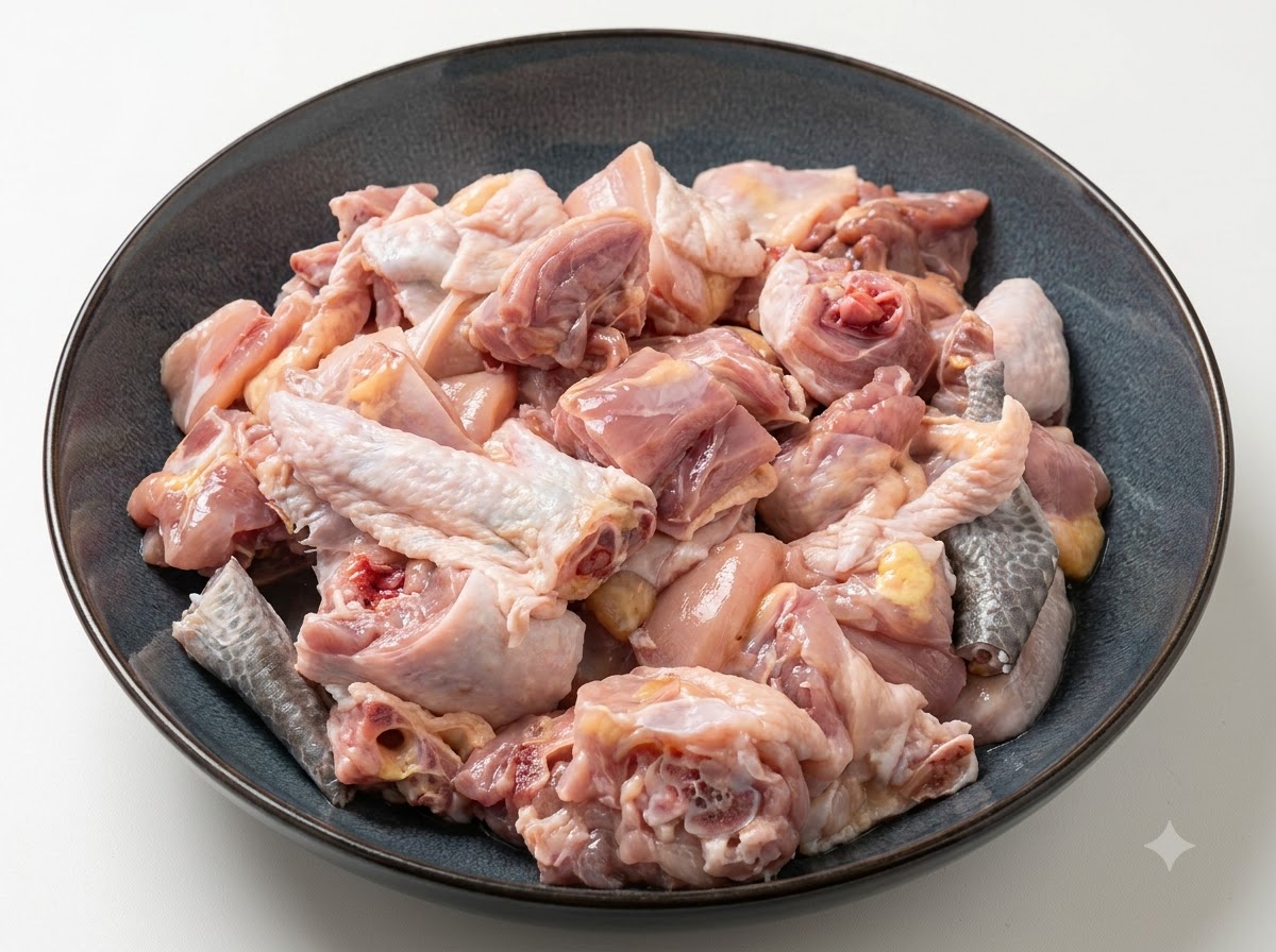 小さく切った鶏肉を暗い色のボウルに入れ、手袋をした手で調味料と混ぜ合わせている様子。