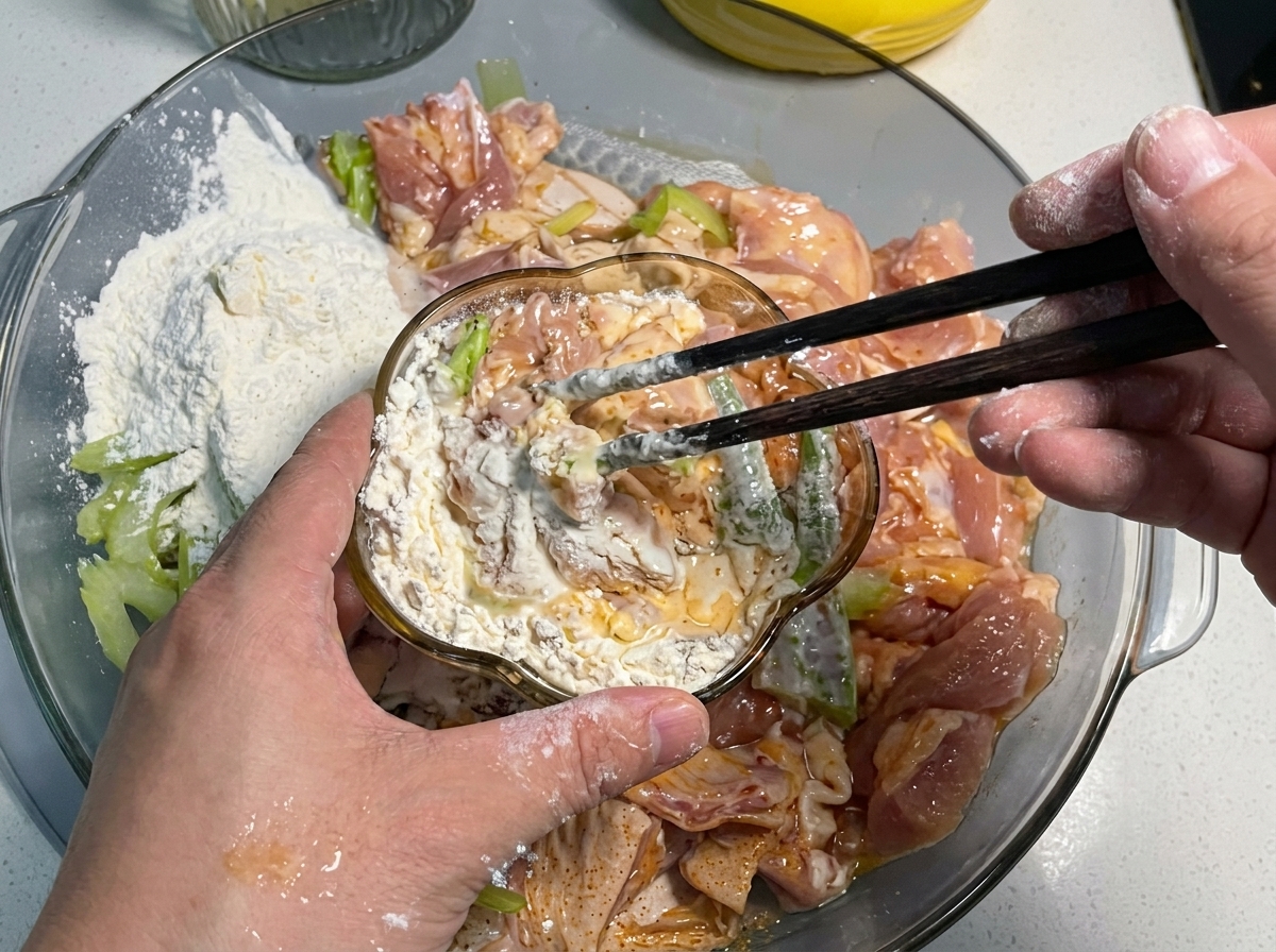 小さなボウルから、下味をつけた鶏肉とスライスセロリの入った大きめのガラスボウルへ衣が注がれている様子。