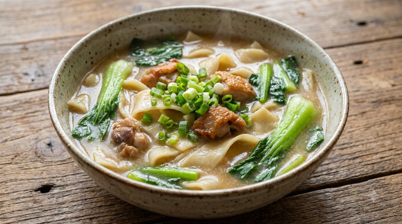 豊かな香りのスープに浸かった鶏の唐揚げと幅広の平打ち麺に、鮮やかな青菜と刻みネギがトッピングされた一杯。