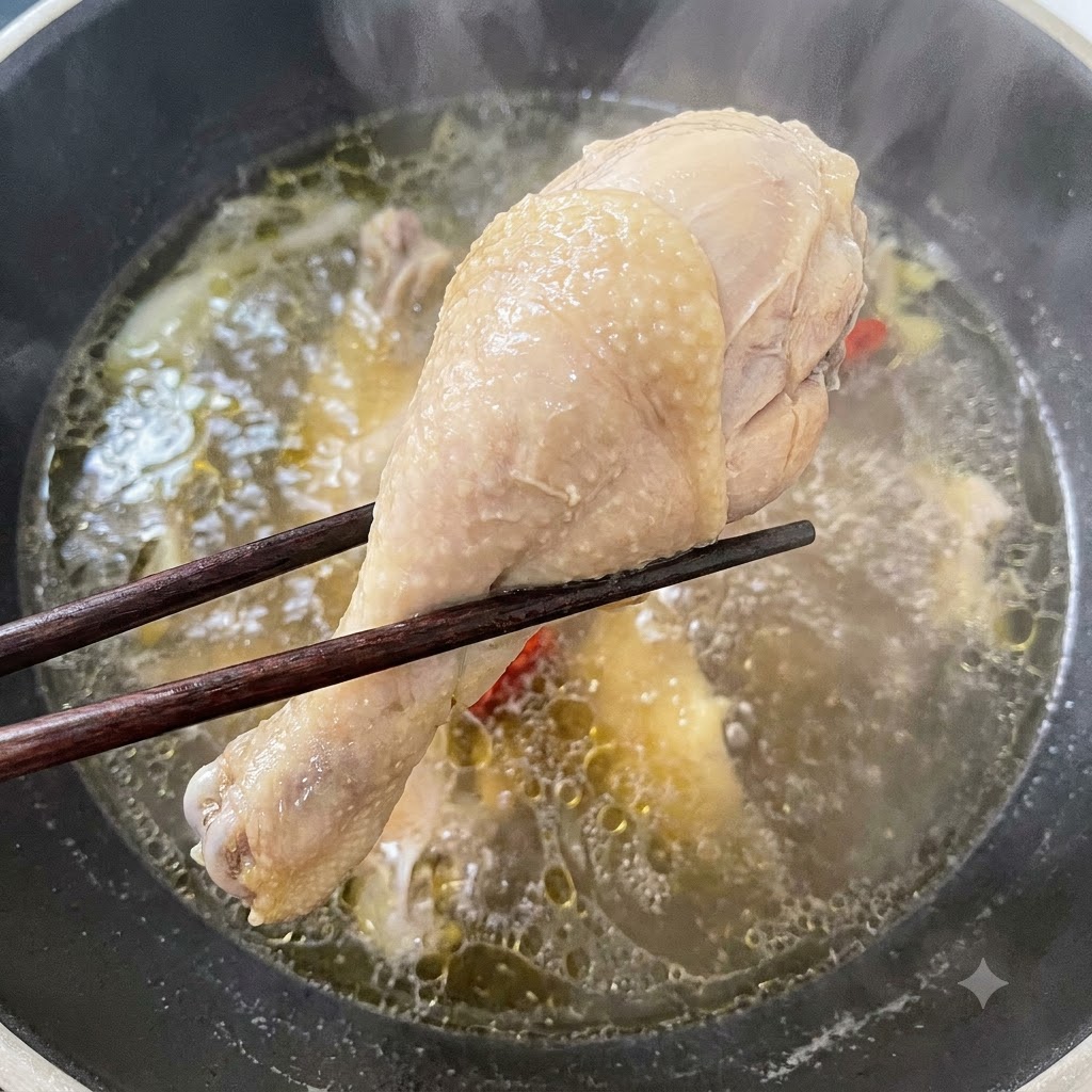 箸で煮込んでいるスープの中から、調理済みの鶏もも肉を持ち上げている様子。