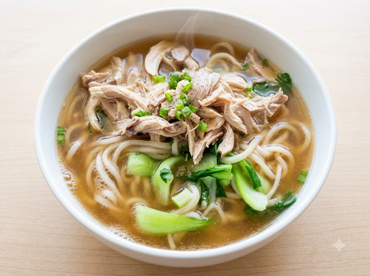刻みネギとパクチーをトッピングした、完成したほぐし鶏肉の麺スープのどんぶり。