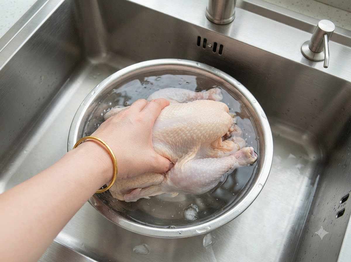 下処理をした丸鶏を、水を入れたステンレスの鍋に沈めている様子。
