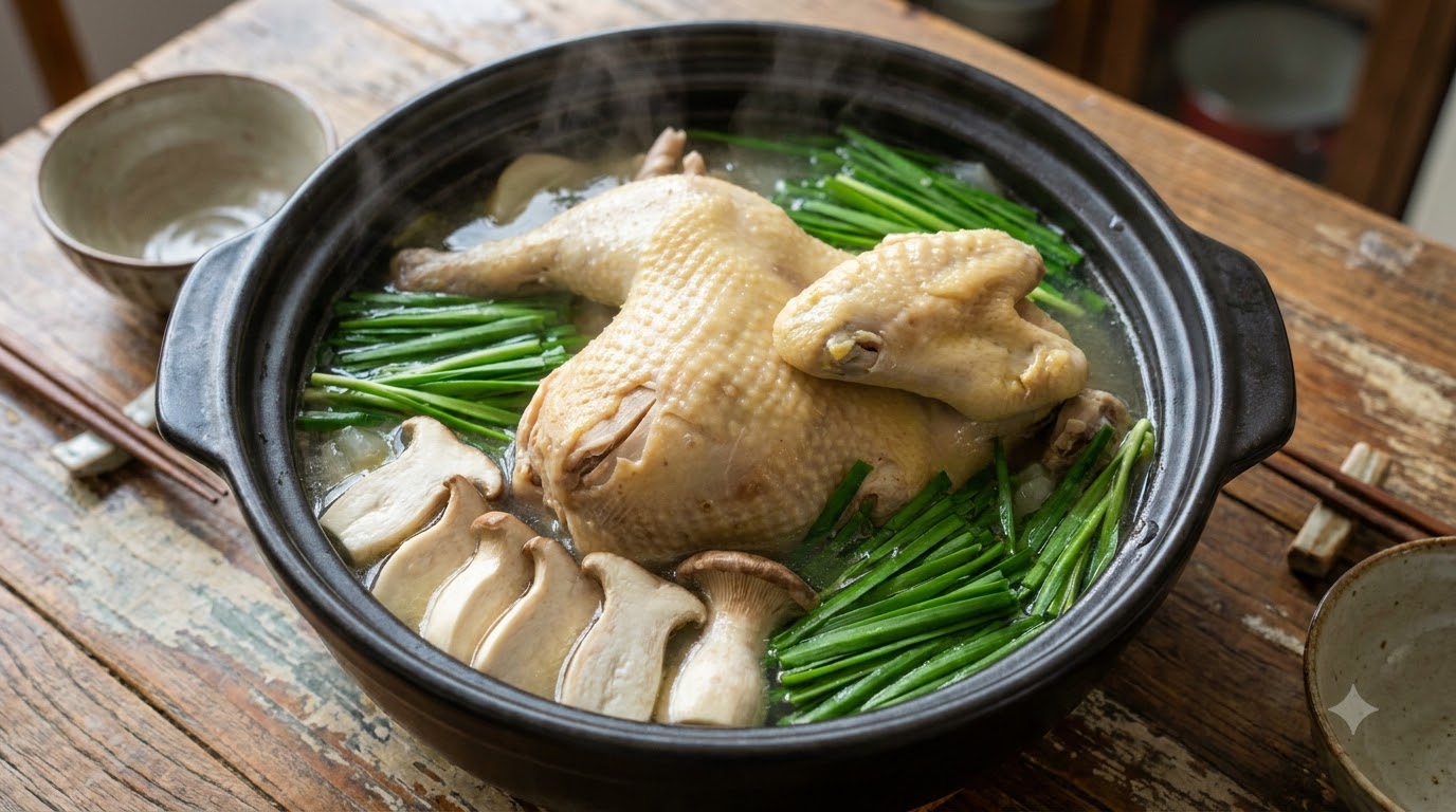 旨味溢れる丸ごと鶏肉のクリアスープ鍋 特製ピリ辛ガーリックソースとウドン付き