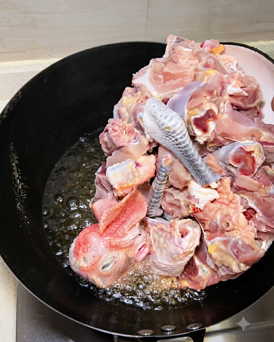 熱した油と炒めた生姜が入った中華鍋に、刻んだ生の鶏肉が滑り込んでいる様子。