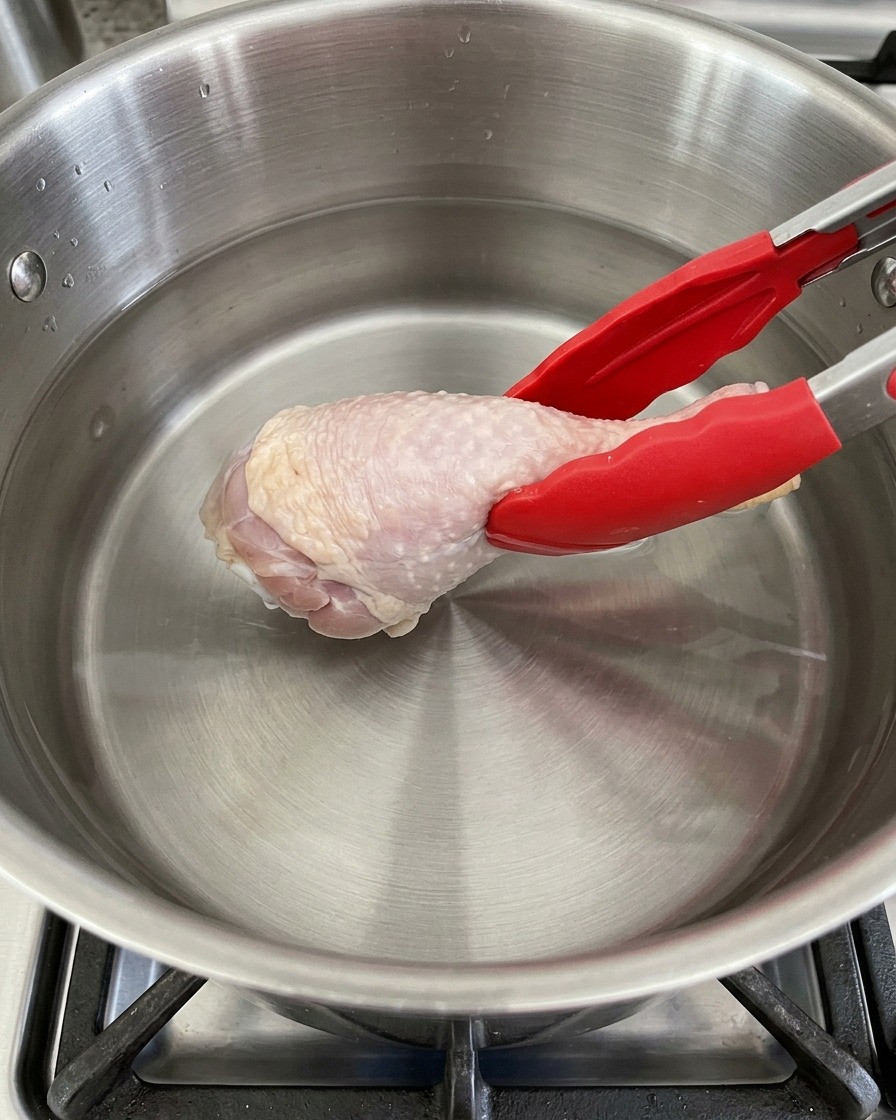 トングを使って、冷水の入ったステンレス製の鍋に鶏もも肉を入れている様子。