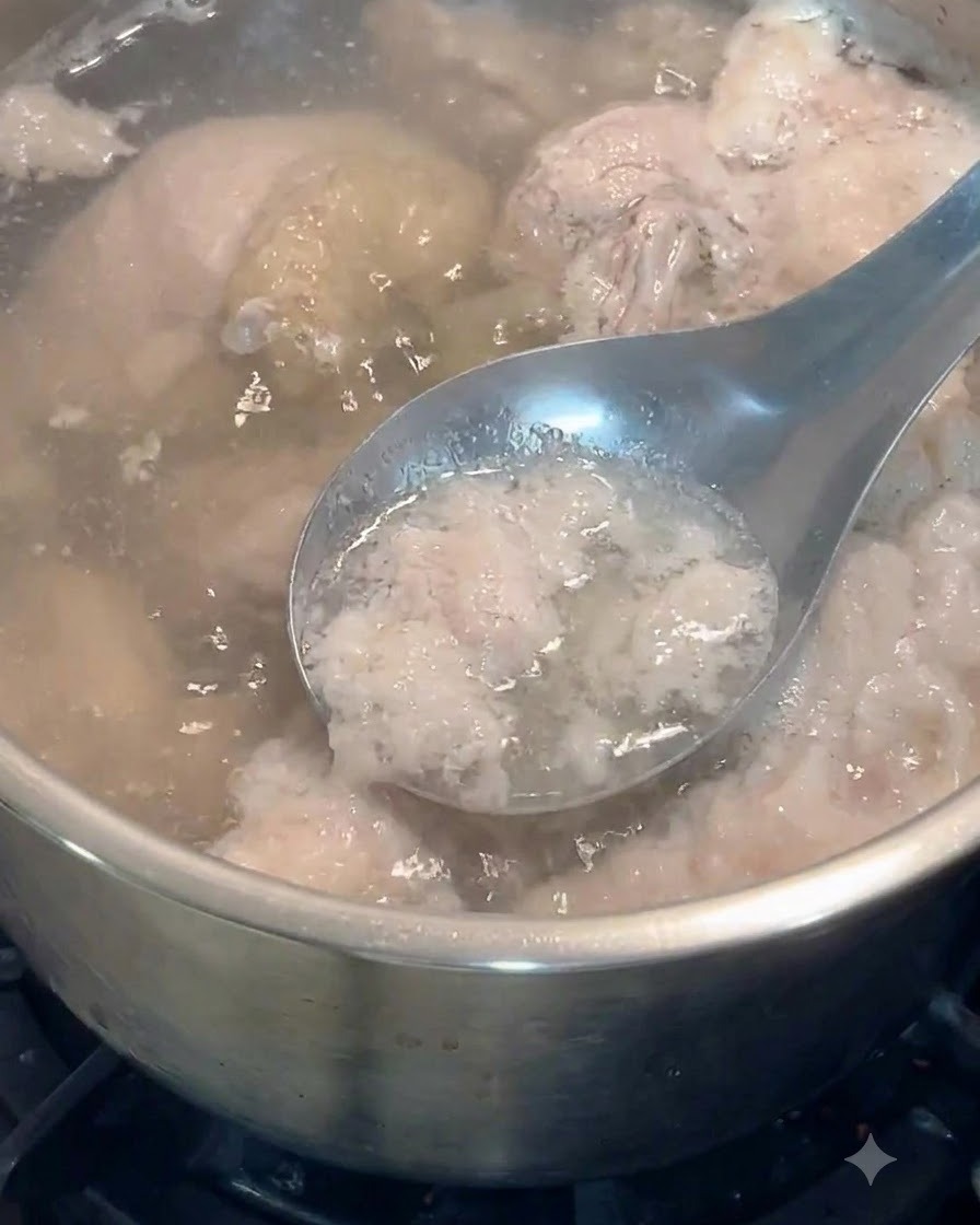 鶏肉を茹でている鍋から、金属製のスプーンで灰汁や不純物をすくい取っている様子。