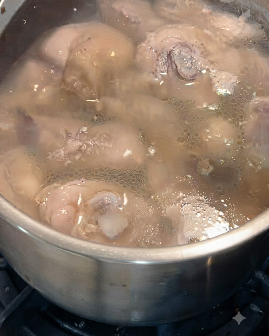 下茹でが終わった鶏肉を水洗いしている、または水に浸している様子。