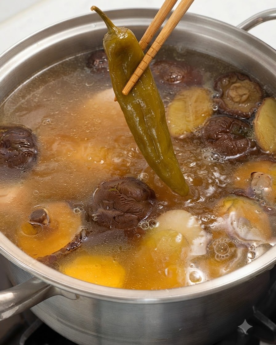 箸で、鶏肉と椎茸のスープの鍋の上に丸ごとの緑色の唐辛子の漬物を置こうとしている様子。