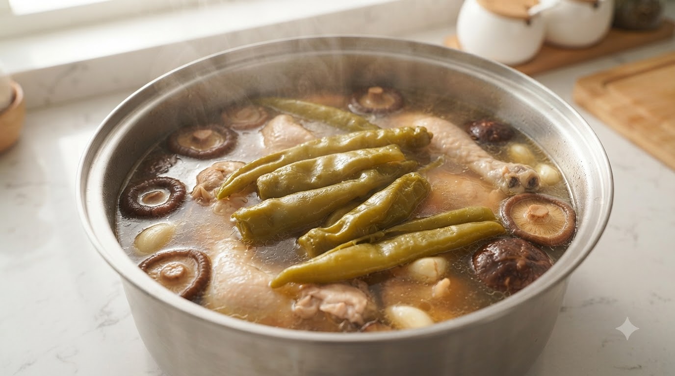 緑色の漬け唐辛子、柔らかな鶏肉、椎茸がたっぷり入った、湯気立つ台湾風チキンスープの鍋。