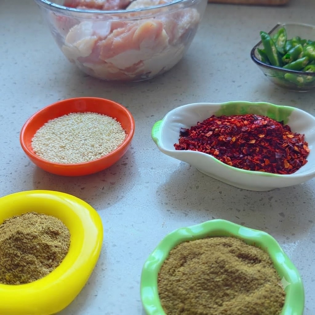 台面上摆放着装有各种香料、白芝麻和切碎食材的小碗。