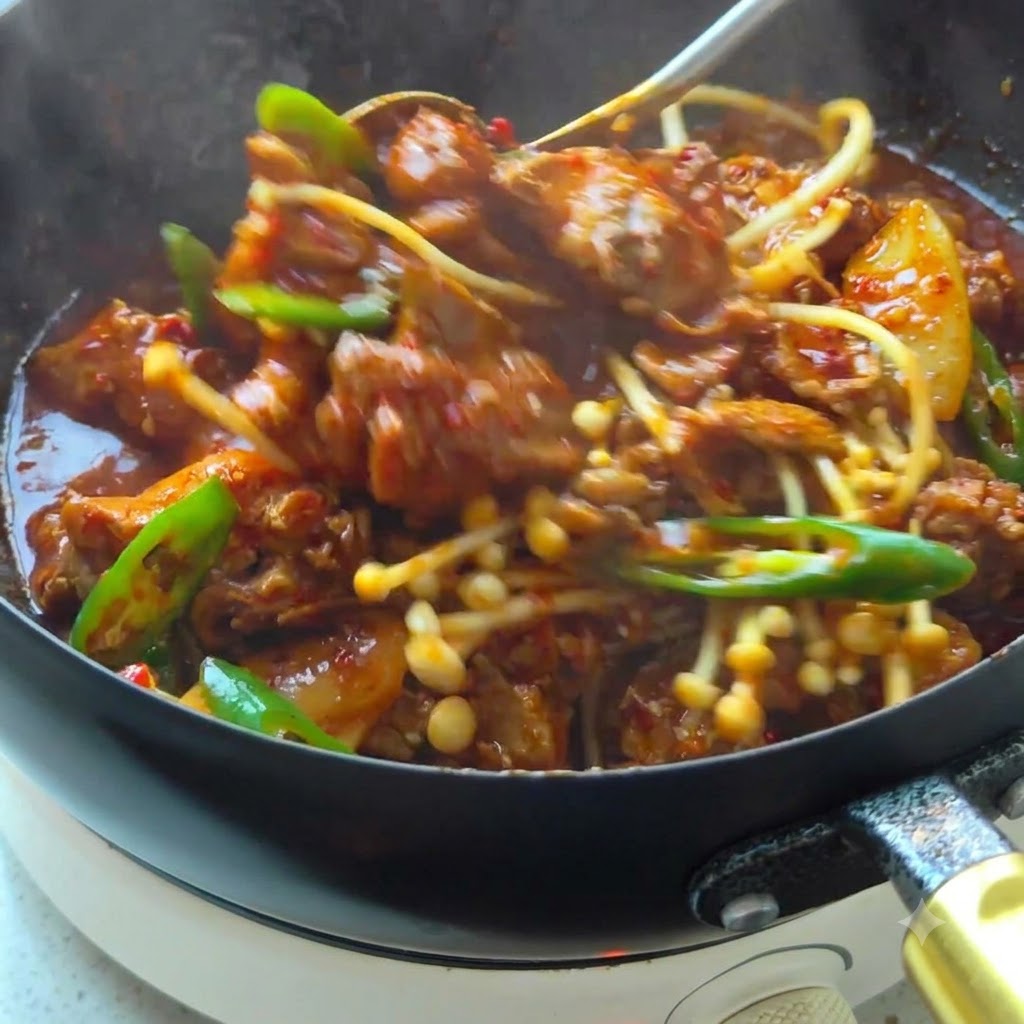 鸡肉块在锅中翻炒，直到表面变成金黄色。