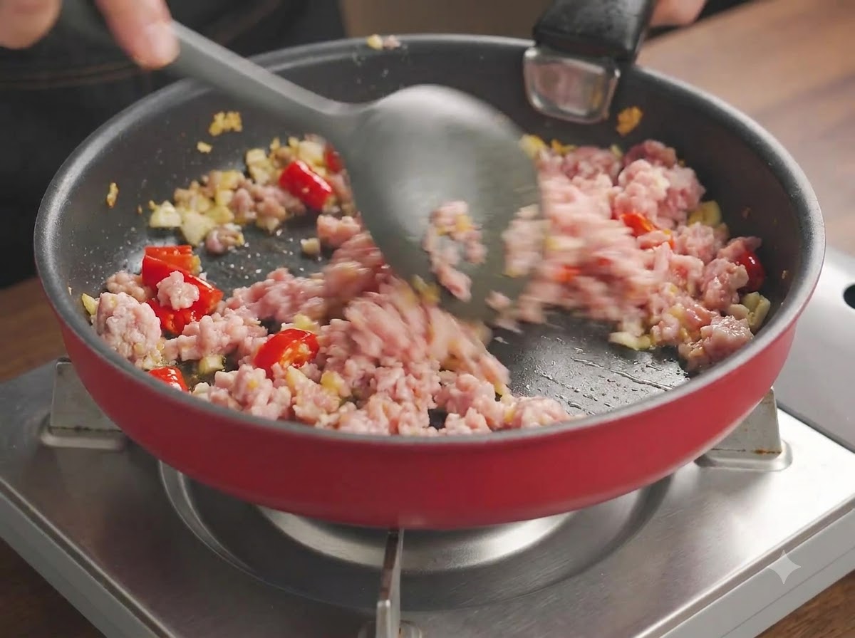 フライパンの中で唐辛子やニンニクと一緒に力強くほぐされながら炒められる豚ひき肉。