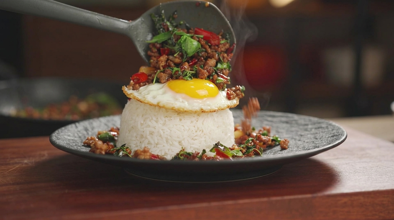白いご飯の上に、豚ひき肉のバジル炒め、赤唐辛子、半熟の目玉焼きを乗せた、ダークトーンのプレート。