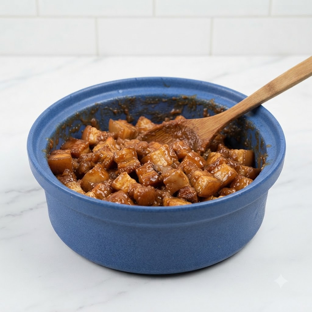 青い鍋の中で味噌がブラチャンペーストと合わせられている様子。