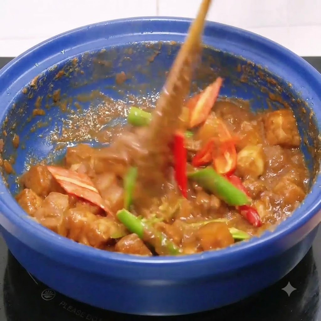 茹でた豚バラ肉の塊が青い鍋の中でペーストと混ぜ合わされている様子。