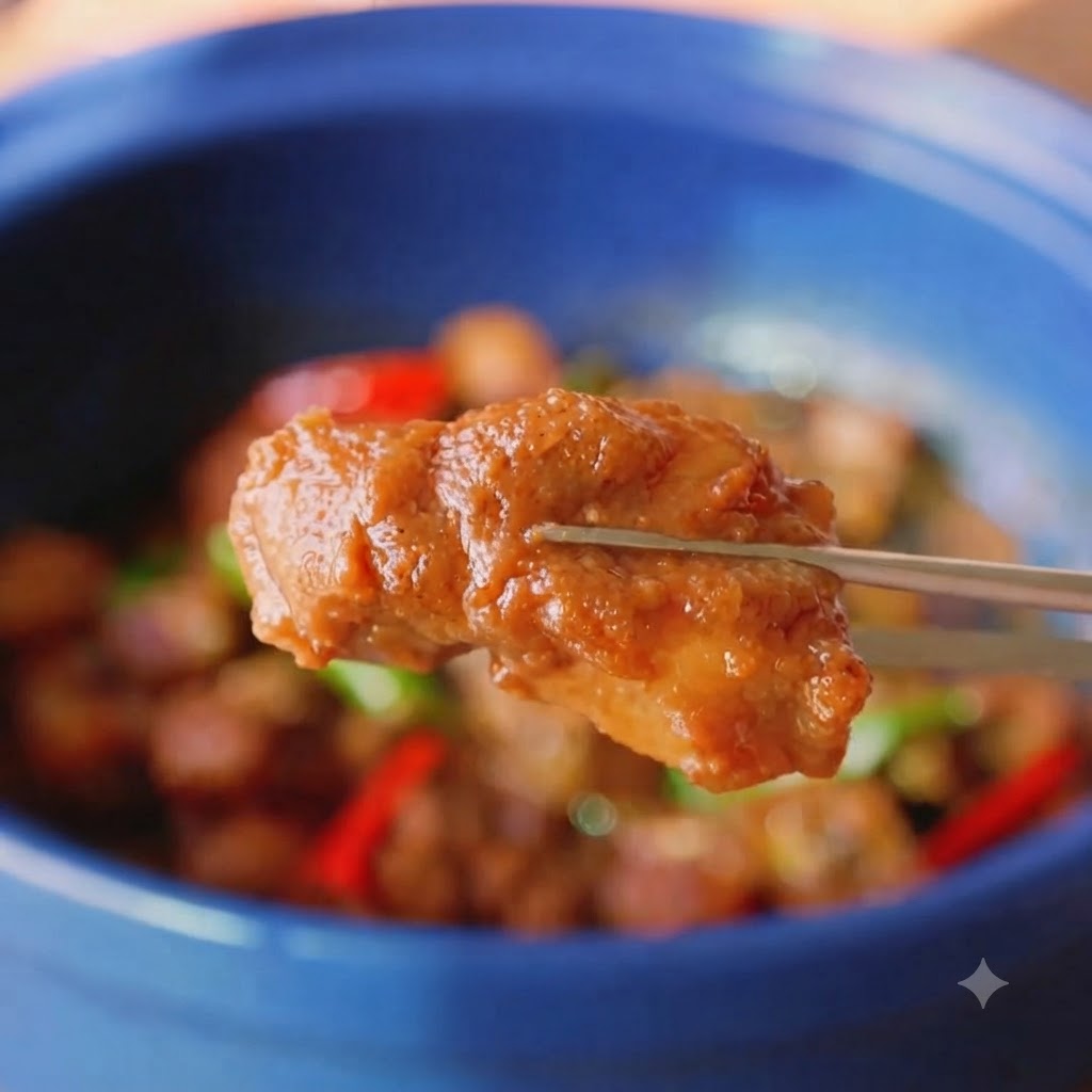 鍋の中の豚肉の混合物に砂糖とMSGが加えられている様子。
