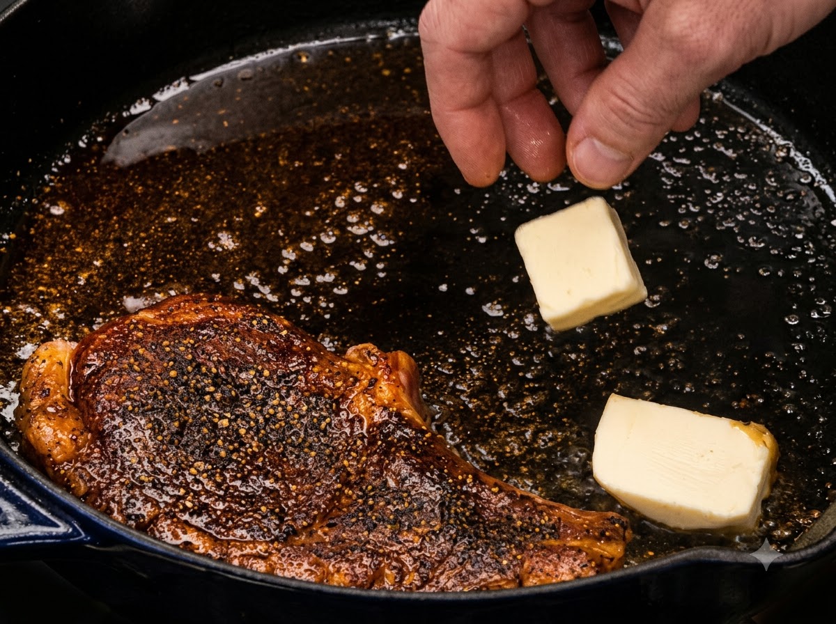 フライパンで焼き上げるポークチョップの横に、バターの塊とタイムの小枝が加えられている様子。