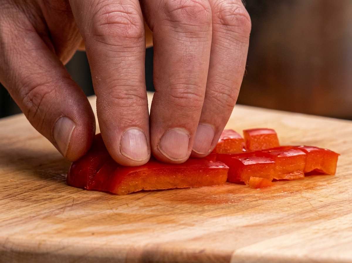 大きく角切りにされた赤・黄パプリカが、スキレットの中の野菜ミックスに加えられている様子。