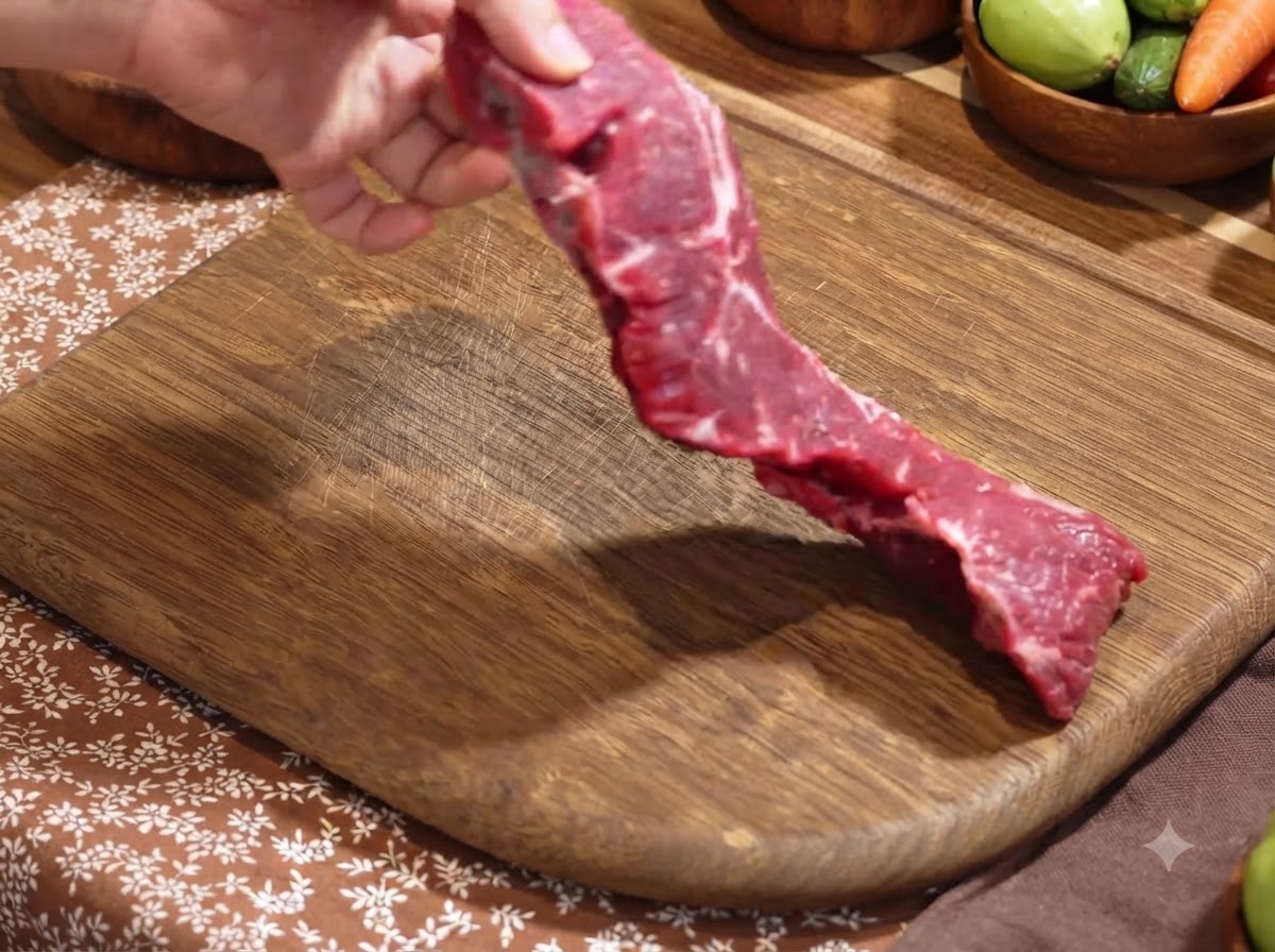 木のまな板の上で新鮮な牛テンダーロイン肉を切り分けている様子。