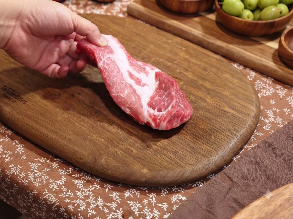 木のまな板の上に置かれた生の豚肩ロース肉を手で持っている様子。