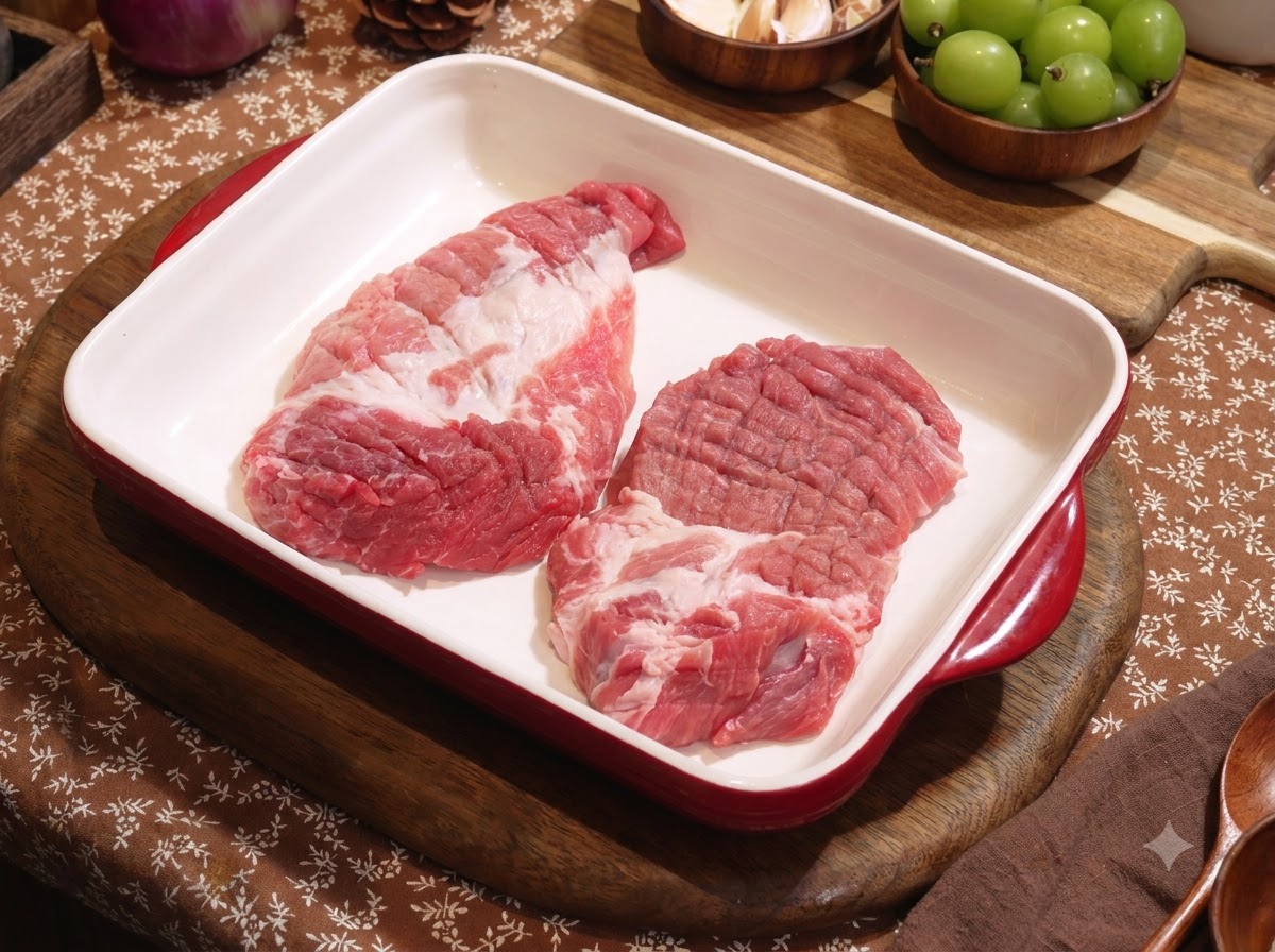 白いバットの中に並べられ、調味料でマリネされている生の豚肉。