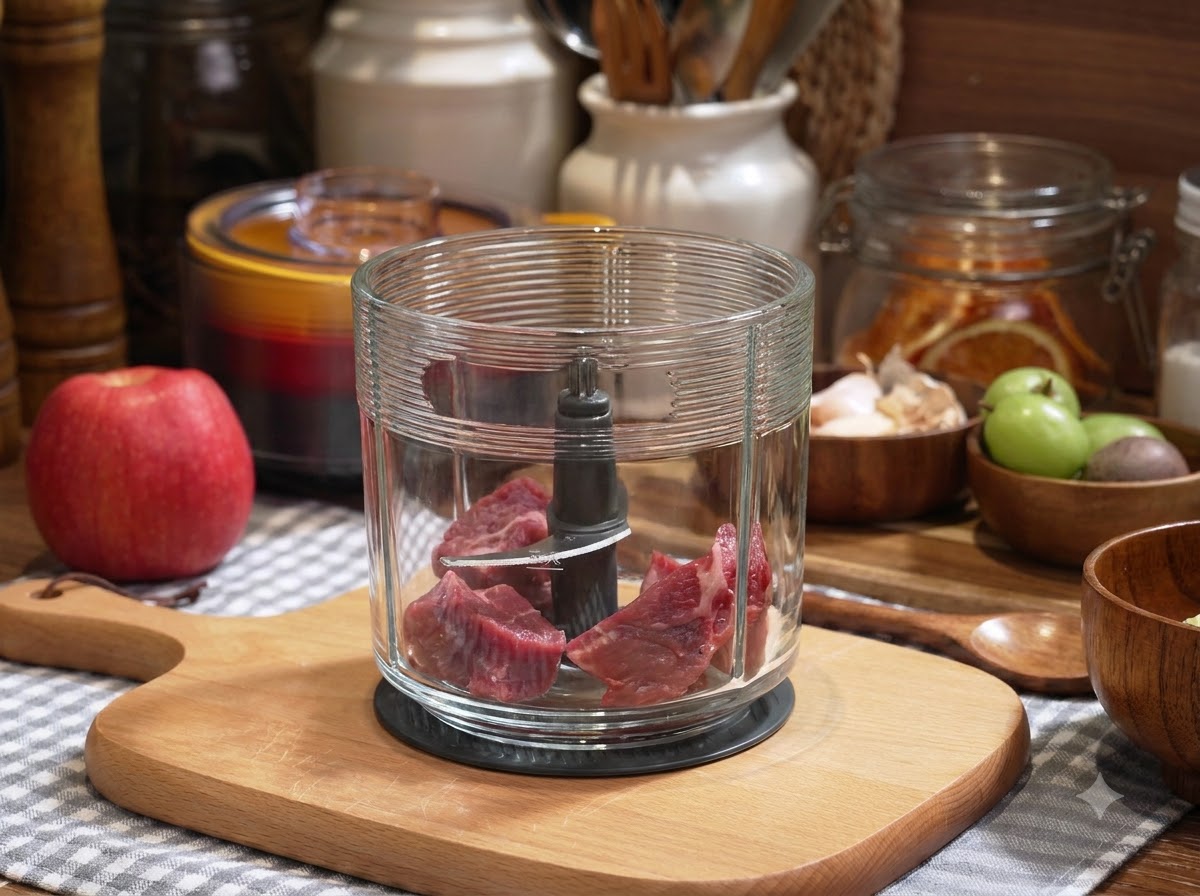 ガラス製のフードプロセッサーの容器に入った生の牛肉の塊。
