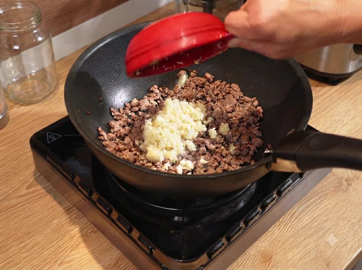炒めた牛肉の入ったフライパンに加えられる、みじん切りのニンニクと刻んだ赤玉ねぎ。