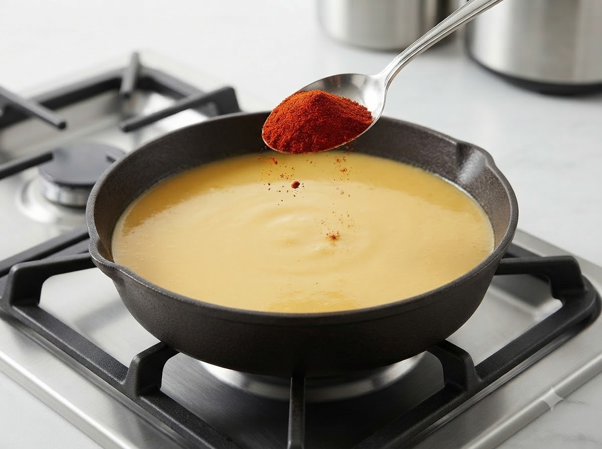 煮込んでいるカレーソースにスプーンから加えられるスイートパプリカパウダー。