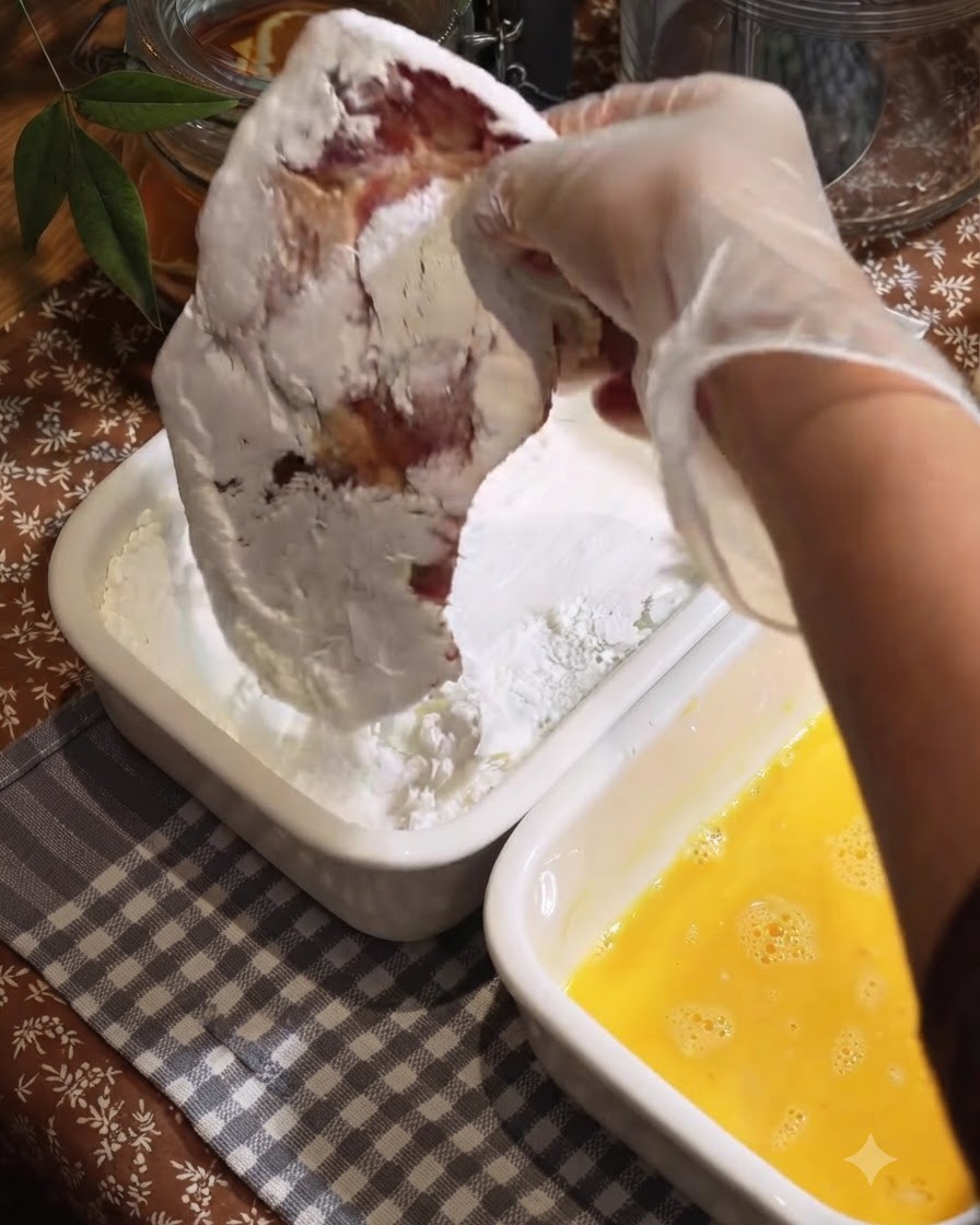 白いバットの中で片栗粉をまぶされている、マリネした豚カツ用のお肉。