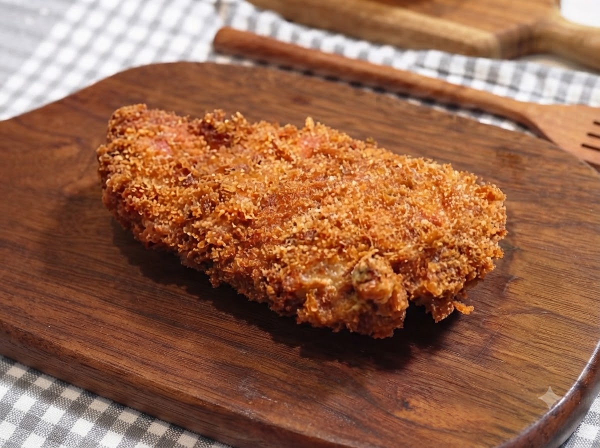 きつね色に揚がった豚カツが木製のカッティングボードの上で休ませてある様子。