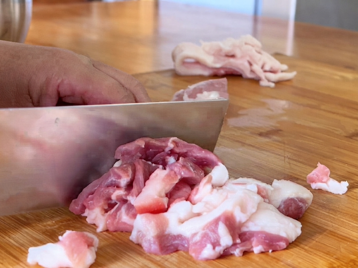 木製のまな板の上でスライスされている豚肉。