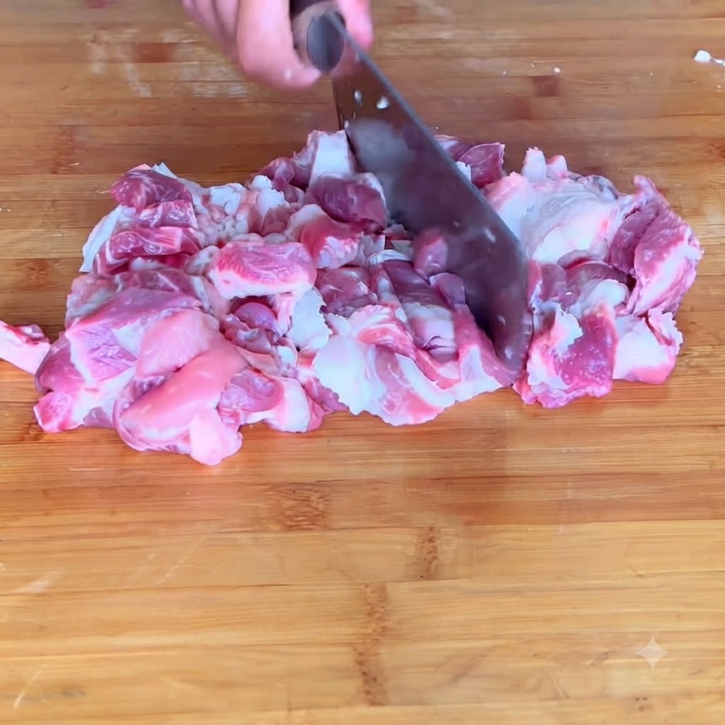 まな板の上で包丁を使って細かく刻まれている豚肉のクローズアップ。