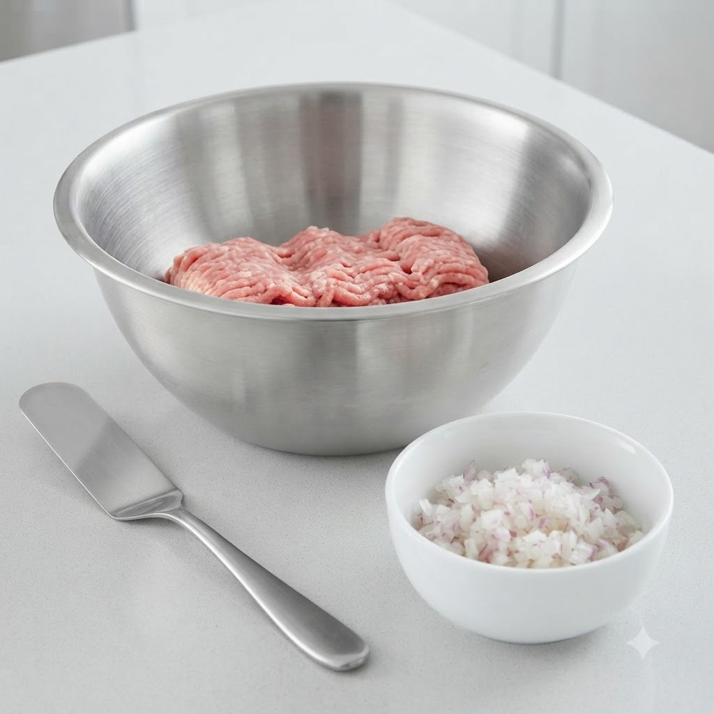 滑らかな豚肉のペーストが入ったボウルと、みじん切りの玉ねぎ、スパチュラ。